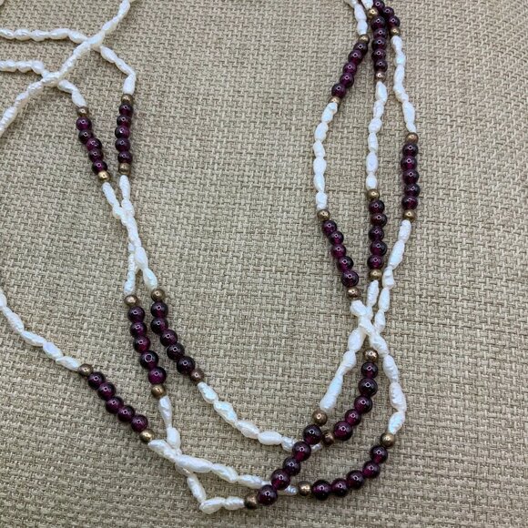 Freshwater Seed Rice Pearl Garnet Beads Multi Strands Vintage Necklace - Picture 1 of 8
